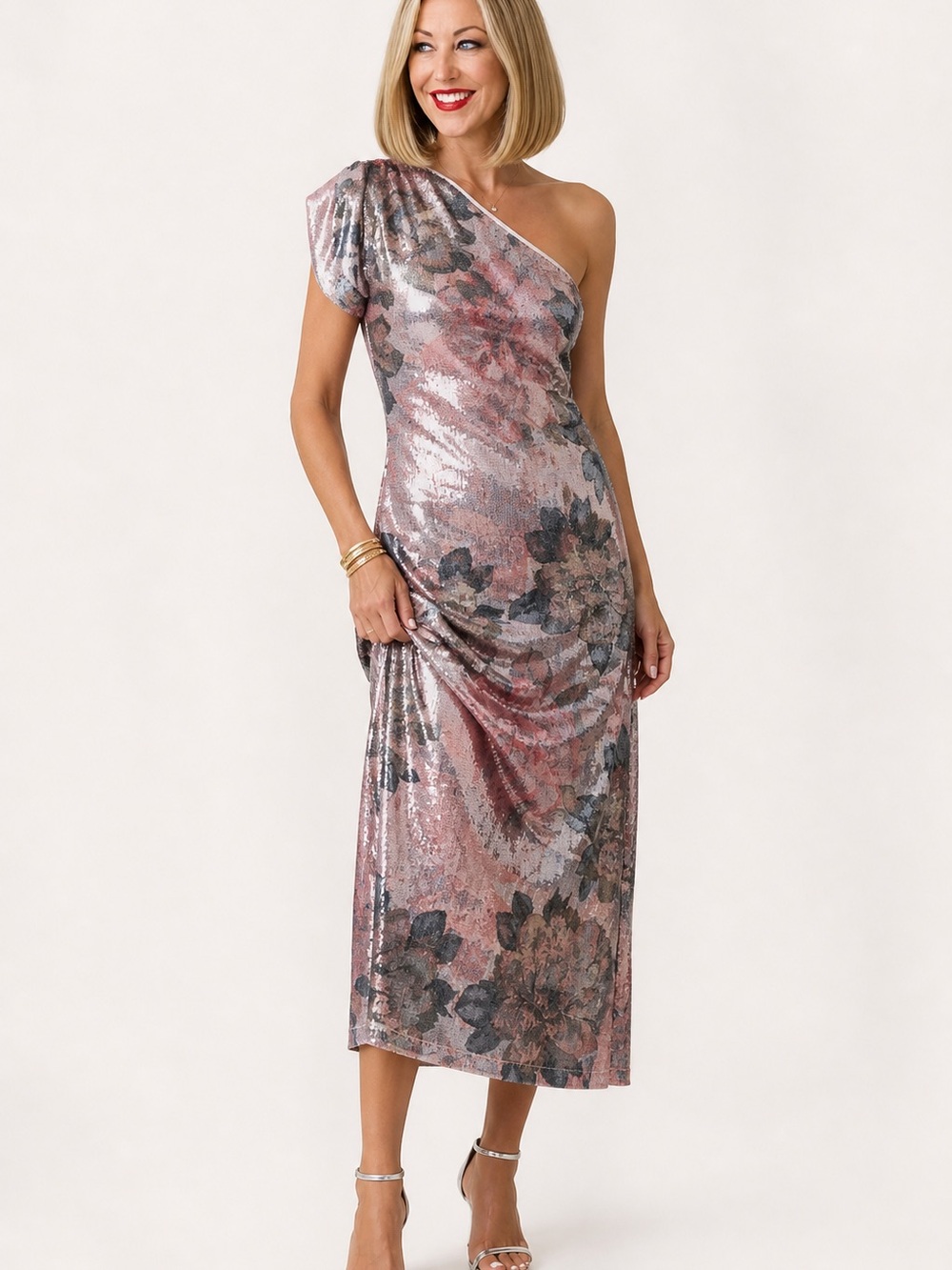 Anthropologie One Shoulder Floral Sequin Midi Dress M NWT
